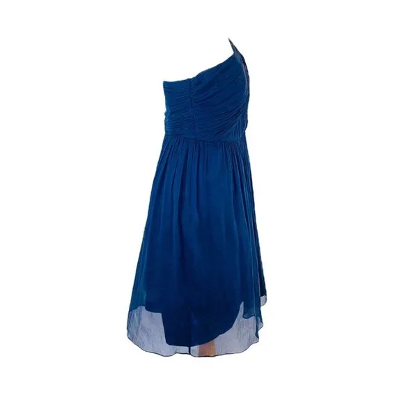Amsale One Shoulder Party Cocktail Silk Navy Dress 4 Bridesmaid Wedding Guest - Picture 2 of 12